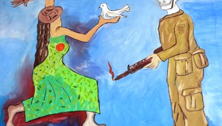 Art showing woman and skeletal soilder with gun