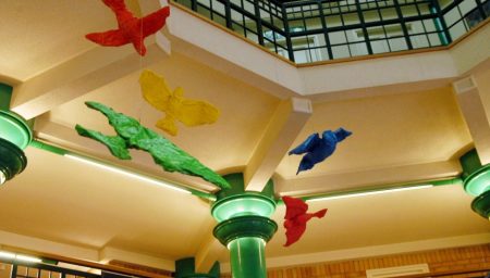 Bird sculptures suspended in Gedling Civic Centre Atrium