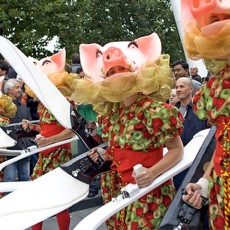Performers in carnival pig costumes