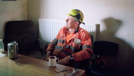 Miner Ashley Makins taking a tea break during his shift.