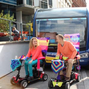 Yarn-bombed mobility scooters