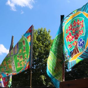 Hand painted silk flags