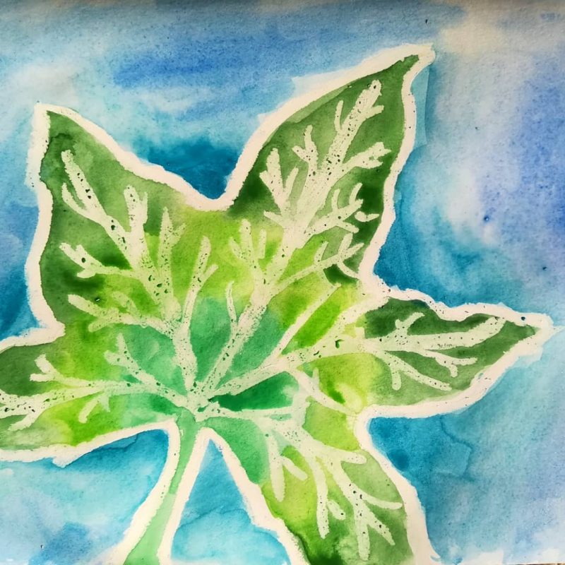 Watercolour resist painting of a leaf