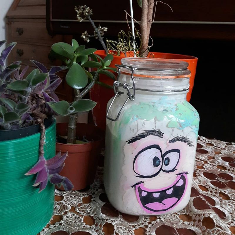 Sourdough starter in decorated jar