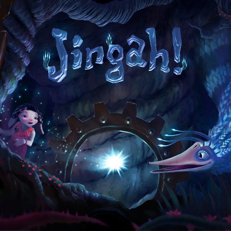 JINGAH - Illustration of a child and a bird-like creature in jungle at night