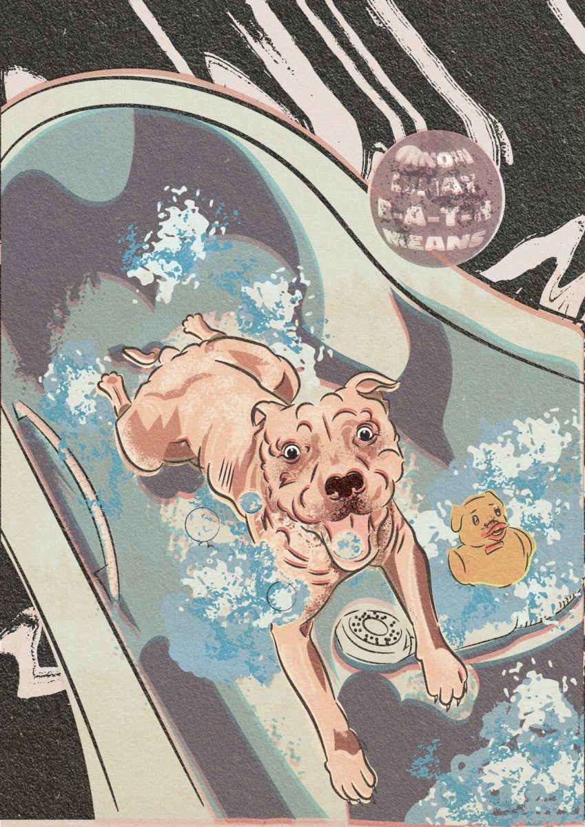Illustration of a dog in a bathtub, surround by bubbles.