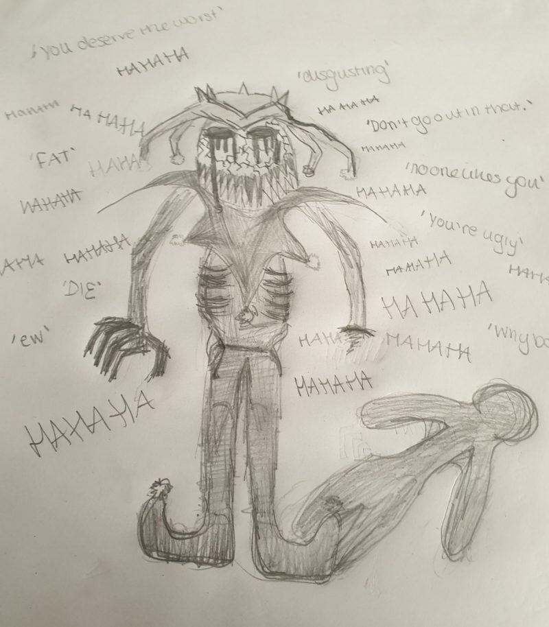 A pencil drawing of a body with arms and legs but is not human. It has pointed feet and wears spikey hat and bib. Tears are falling from its eyes. It’s shadow bears more resemblance to a human body, at the lower right of the page. Written words surround the figure, shouting insults such as ‘you’re ugly’, ‘die’ and ‘HAHAHA’.