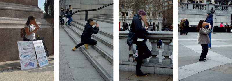 Four images of people looking down at their phones. Their faces are digitally morphed an stretch to reach their phones. Two of the images depict a man and a woman taking pictures of something, while the other 2 show 2 people looking down at their phones. One woman stands with protesting posters in front of her legs while she is on her phone.