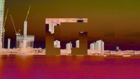 The digitised image depicts a landscape of a city, with rectangular artefacts breaking up the skyline