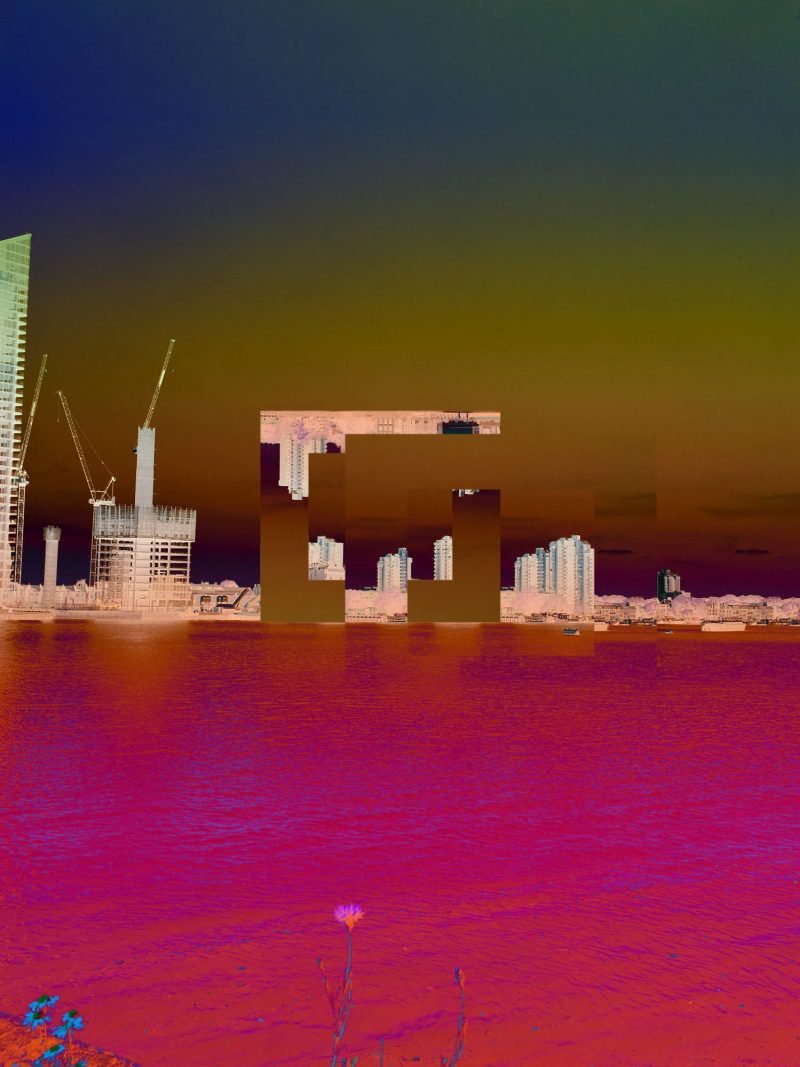 The digitised image depicts a landscape of a city, with rectangular artefacts breaking up the skyline