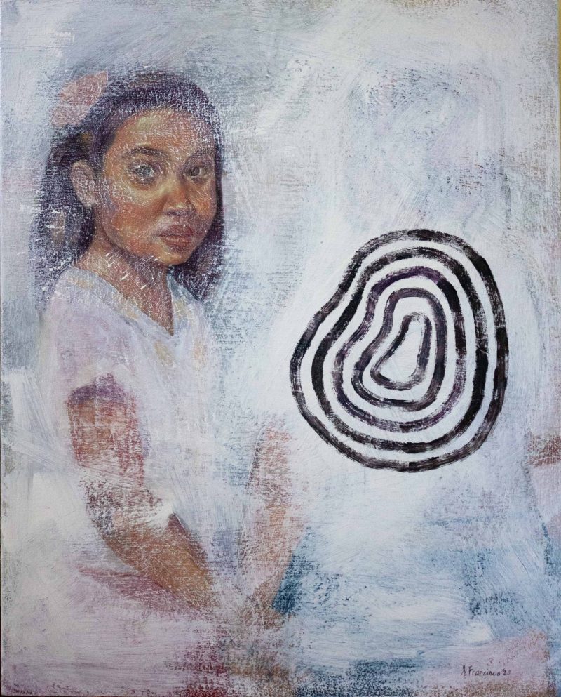 A painting of a young black girl on the left of the image. She sits tall with her hands in her lap and looks towards the viewer. She is dressed in a light pink tunic, set against a white background covered in brush strokes. Next to the girl there is a black circle of rings, progressively getting smaller.