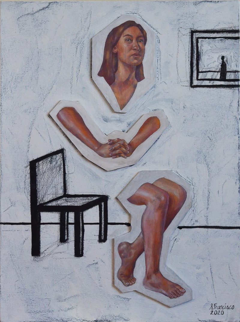 A painting depicting a room with white walls and a small black chair in the left corner and a frame on the wall to the right of the image. There is a cut outs of a woman’s head, a pair of arms and legs, assembled to be sat on the chair. The hands are interlocked, and the feet are crossed over.