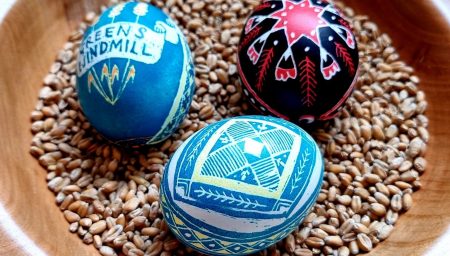 Three Pysanky Eggs in a Wooden Bowl