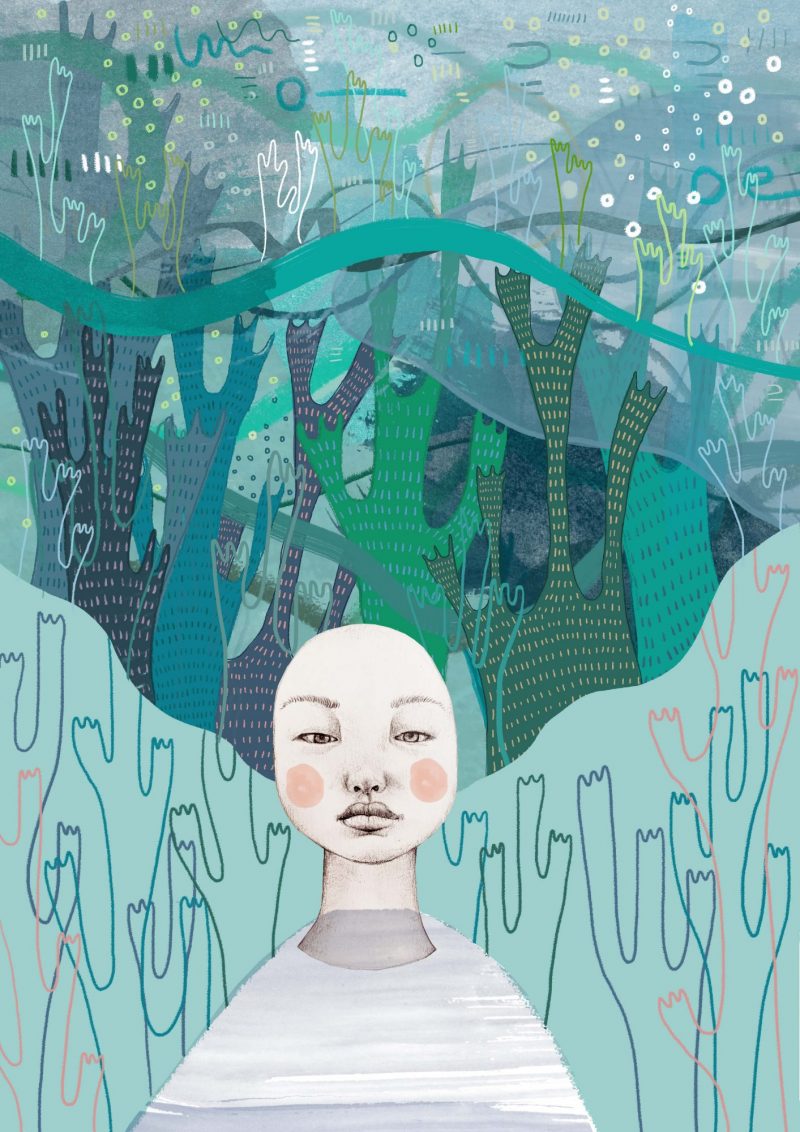 A collage of a bald head with rosy cheeky. The figure is surrounded by layers of green and blue interpretative sketches which resemble underwater nature.
