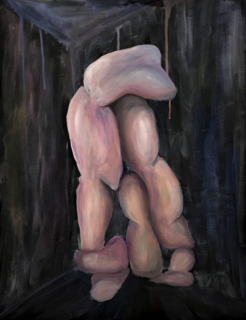 A painting that shows large, flesh coloured, body parts piled on top of each other – not assembled to resemble a regular body. There is no head, but long pieces of a body formed in pile, set against a background painted in black.