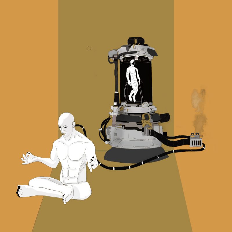 A digital graphic with a human robot designed in white, sitting at the left forefront of the image, in a meditation pose with its eyes closed. A cord is attached to the back of its head and is connected to a machine behind it, which contains a tube with another white human robot inside. This is set against a mustard yellow background.
