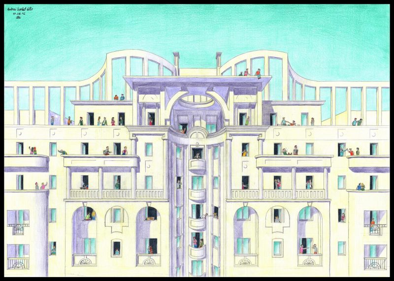A computer-generated image of a modernistic, white, four storey building with many windows and a balcony on either side. This is set against a bright blue sky. There are people located outside a scattering of windows, talking to one another.