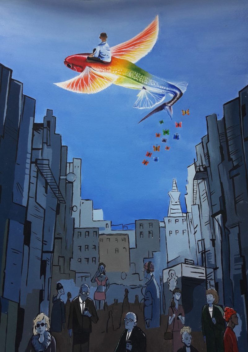 A painting of a skyline of a city, with people populating the street below. The buildings are in the shadows, dark and gloomy, towering over the people below. The people are hurrying around on their phones looking down. In the light blue sky above them there is a rainbow coloured fish flying in the sky, being ridden by a boy. The fish is leaving a trail of colourful stars.