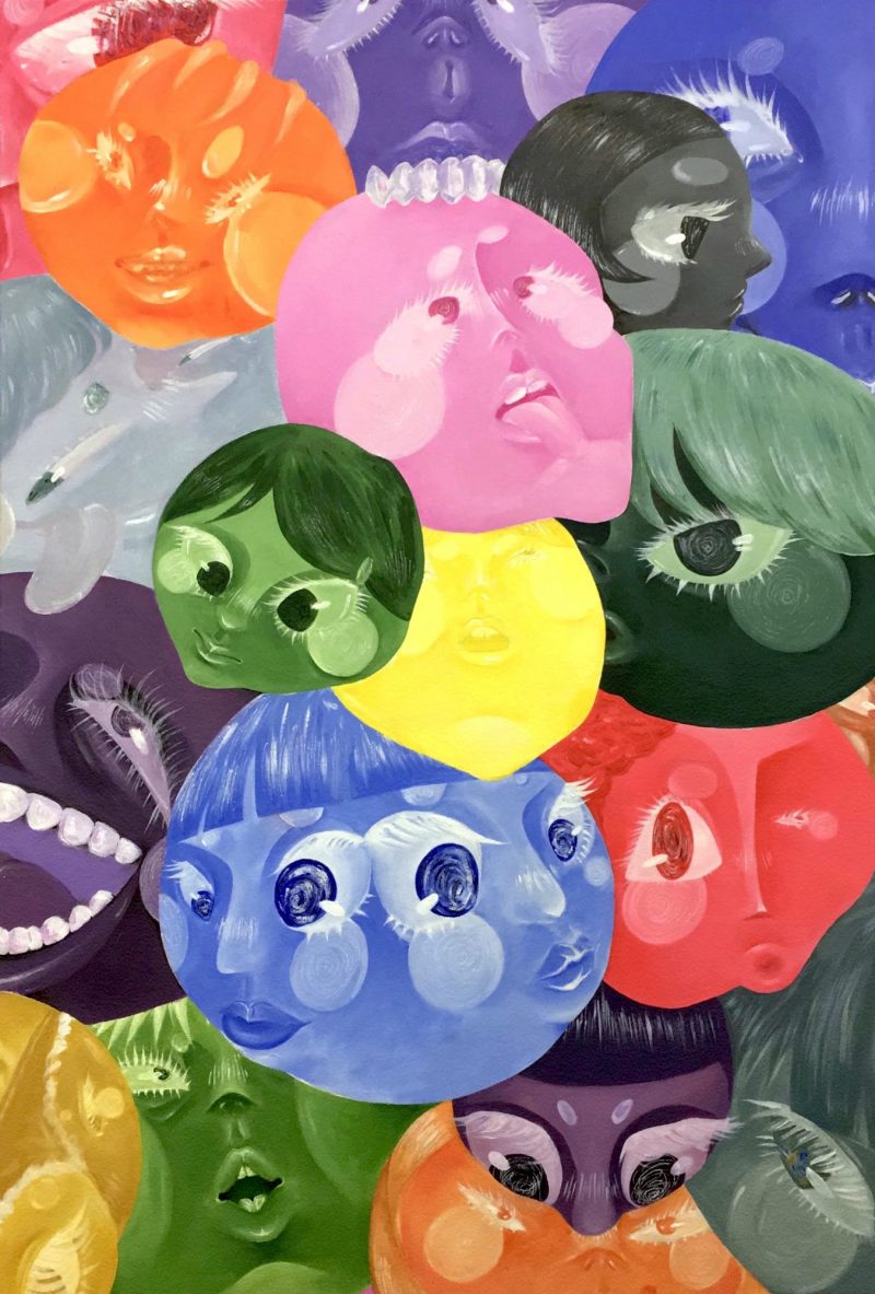 The image is made up of over lapping circles depicting a range of faces. The faces are brightly coloured in blue, pink, yellow, green, purple, red and orange. The faces have large, alien like eyes, and are stretched and manipulated, and all overlap one another. They are assembled like a collage.