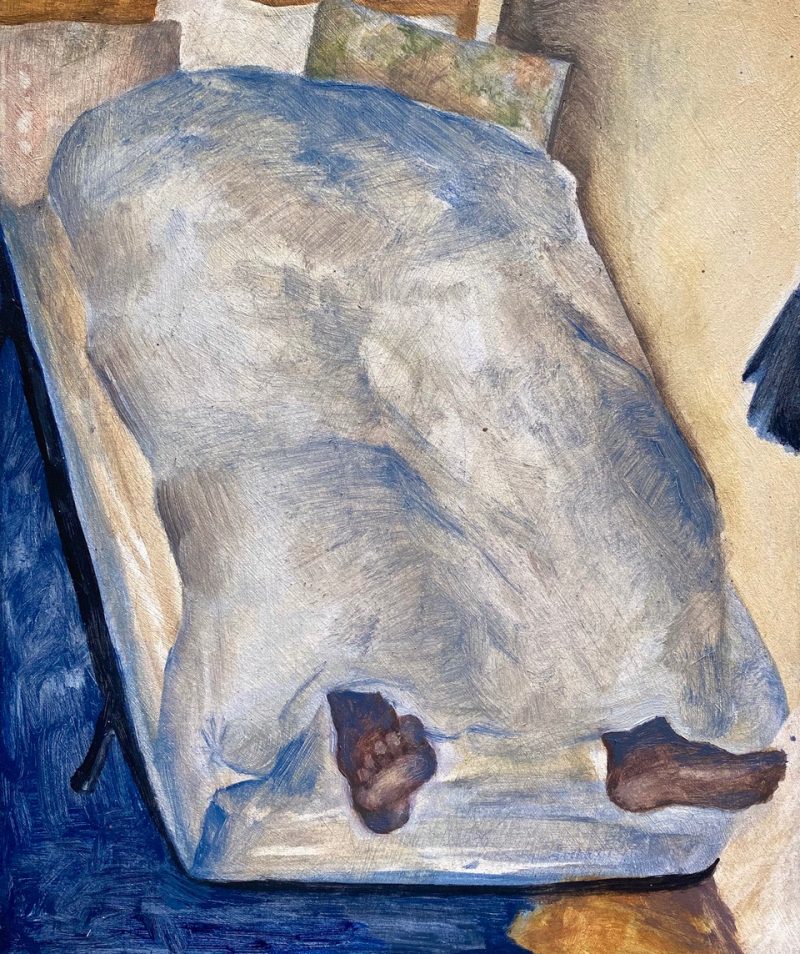A painting depicting a body lying in a double bed. The duvet is pulled up over the person’s head, and so we can only see their feet poking out the end of the bed. The duvet is painted white with blue detail, and three pillows lie at the top of the bed.