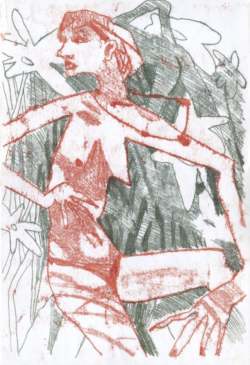 An interpretative print of a female body in red with splayed fingers, surrounded by green sketches.