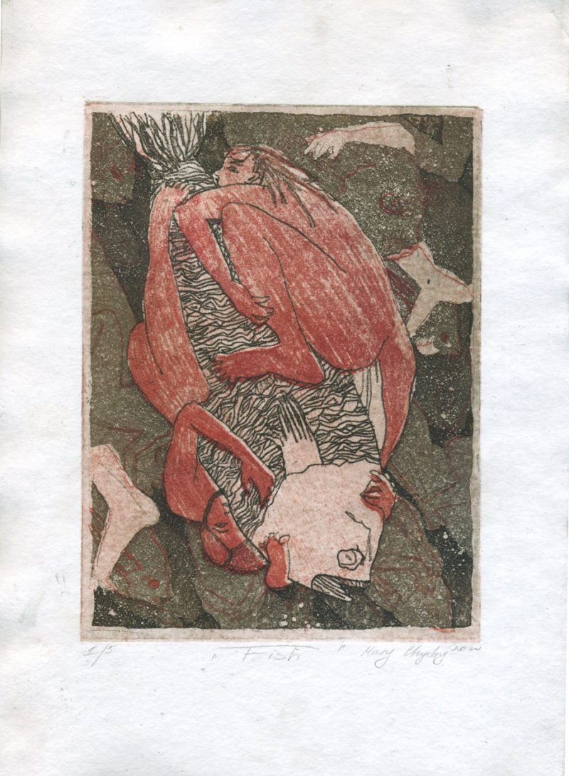 A red and khaki interpretative print of a fish with different human bodies around. A fish with face facing downwards is in the middle and has one body that is crouched up and hugging at the top right of the fish, while another body reaches along the left side of the fish’s body, clinging onto it upside down. Limbs and other fish silhouettes surround the fish and bodies in the background.