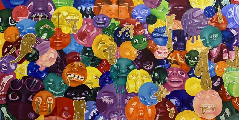This image similarly depicts a collage of overlapped, colourful faces. Some faces are big and some are small. Thick streams of tears fall from some of the faces, while others smile, and others look angry. Some of the faces have substance dripping from their mouths and/or noses.