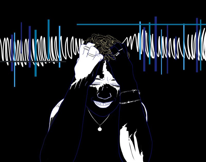 A digital image of a person clutching their head in distress in the centre. The image is mostly solid black, with some features in white, such as their mouth, eyes, and left hand. Coming from their head there are zig-zag lines like waves travelling horizontally to the edge of the page. These are interspersed with purple and blue lines.
