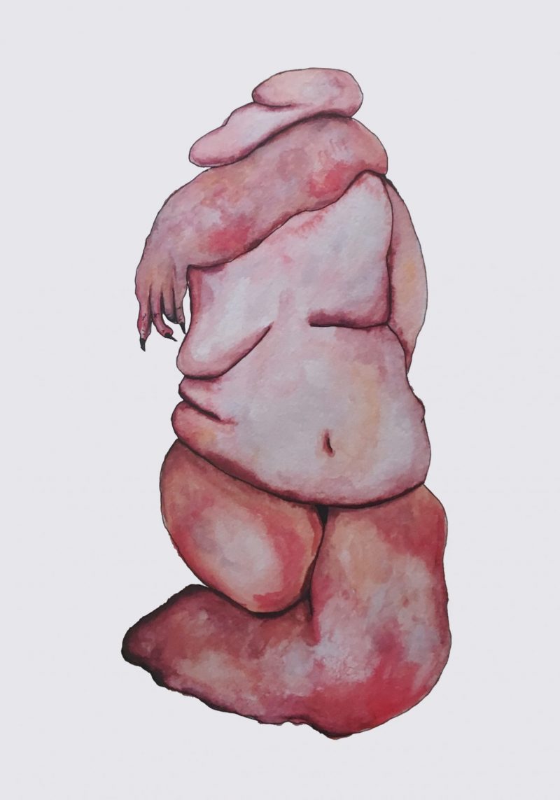 A pink and red painting of what resembles a human body. The painting shows a larger body and an assortment of body parts not in the correct place. Two lumps of flesh come out of the waste area, and an arm drapes across where the neck would be. The skin is mottled and textured. It is outlined in black, set against a white background