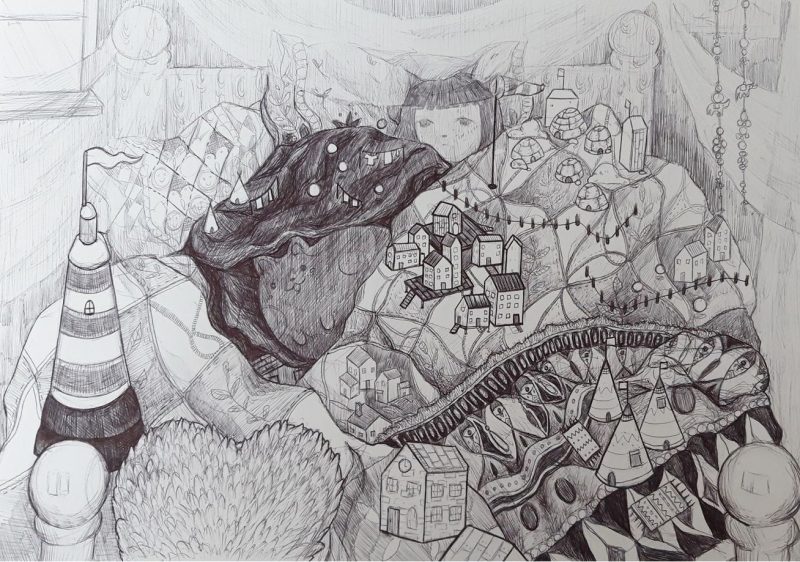 A black and white pencil drawing of small houses submerged by duvets and waves of sketched lines and mountain
