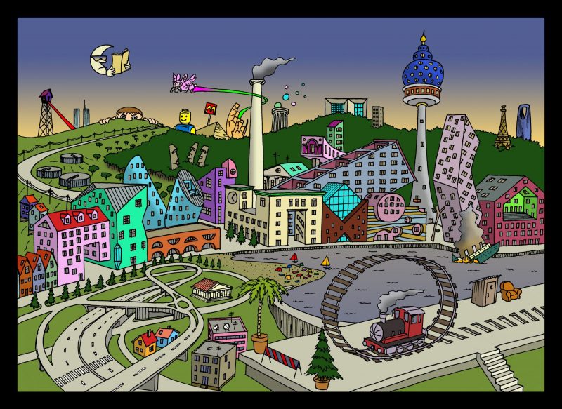 State of Mind - A computer-generated image of a futuristic landscape. It contains winding, freestanding roads, colourful buildings which jut out in obscure shapes. There are towering buildings that read into a sky which is turning from blue to yellow. A pink animal flies through the sky, leaving a trail of pink and green behind it. There is a crescent moon in the top left corner, with a face and sunglasses, reading a book in the sky.