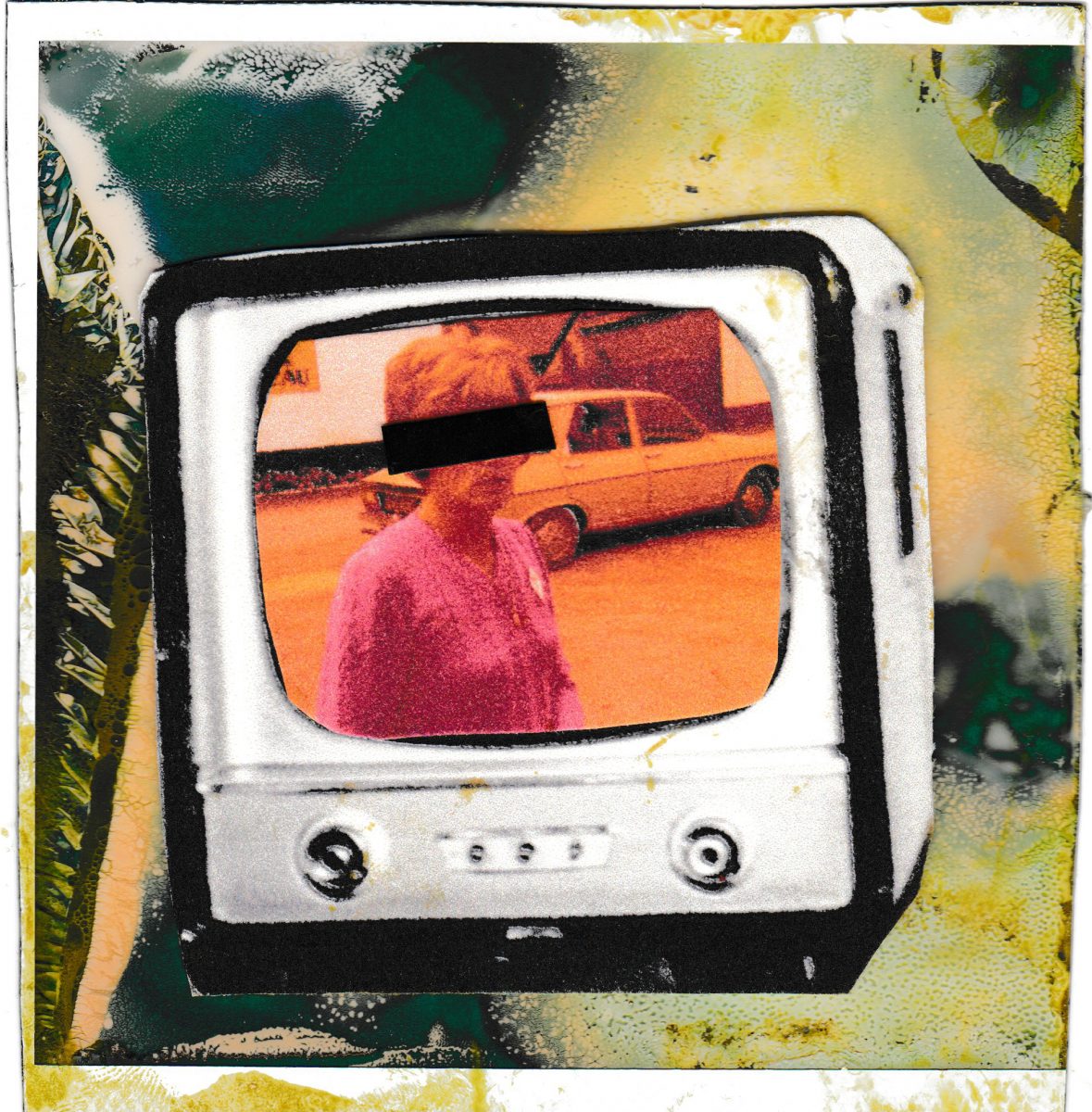 A collage of an old television set. In the centre, a woman with a pink jumper stands in front of an old yellow car. She has a black box covering her eyes. Surrounding the white TV with black outlining are splatters of yellow and green.