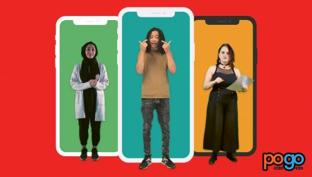 Three poets standing in front of illustrations of iphones