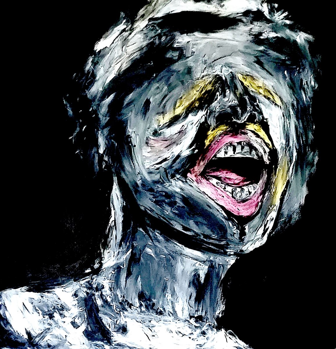 A painted portrait of a figure on a black background. The figure is painted with thick white and grey brushstrokes as well as some yellow highlights. The mouth is wide open, exposing teeth and tongue. The eyes are distorted beyond recognition.