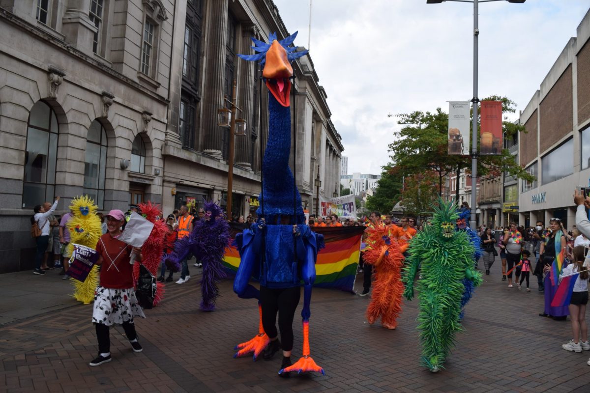 Giant bird-like puppet in Nottinghamshire Pride Parade