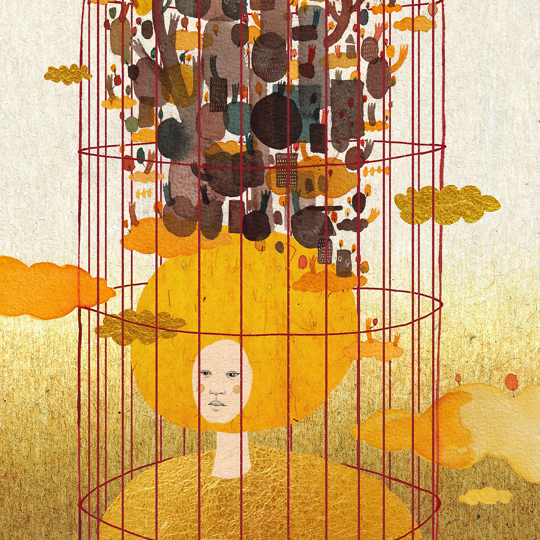 Illustration by Edwina Kung. A cityscape floats above a woman's head. They are contained in a cage.