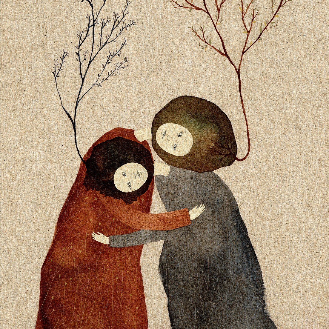 Illustration by Edwina Kung. Two figures embrace. Seedlings grow from their heads.