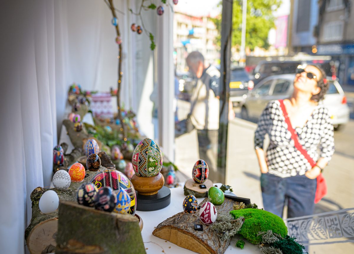 Exhibition of pysanky decorated eggs in a window display