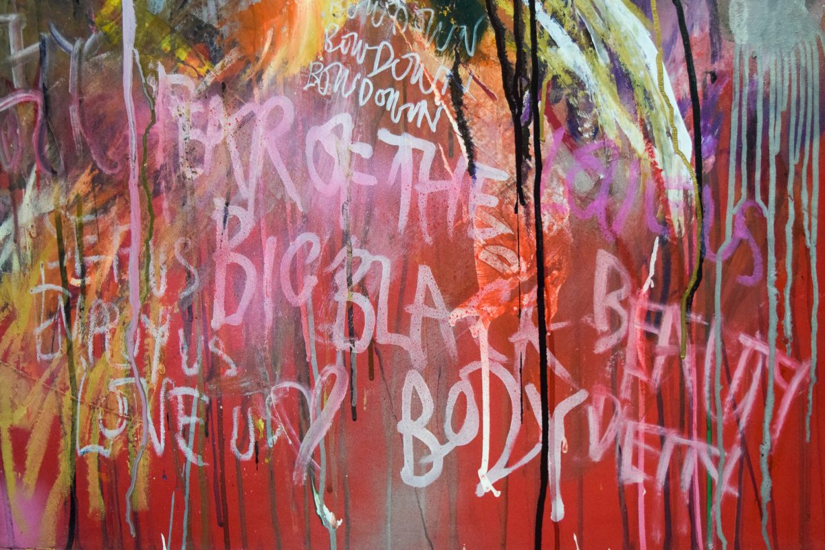 Detail from painting which reads 'Fear of the Big Black Body'