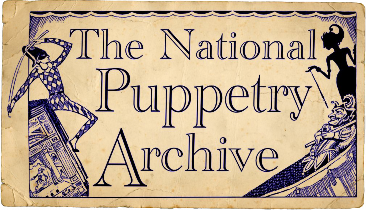 An aged paper banner with the title "The National Puppetry Archive" featuring stylized illustrations of puppeteers and marionettes. 