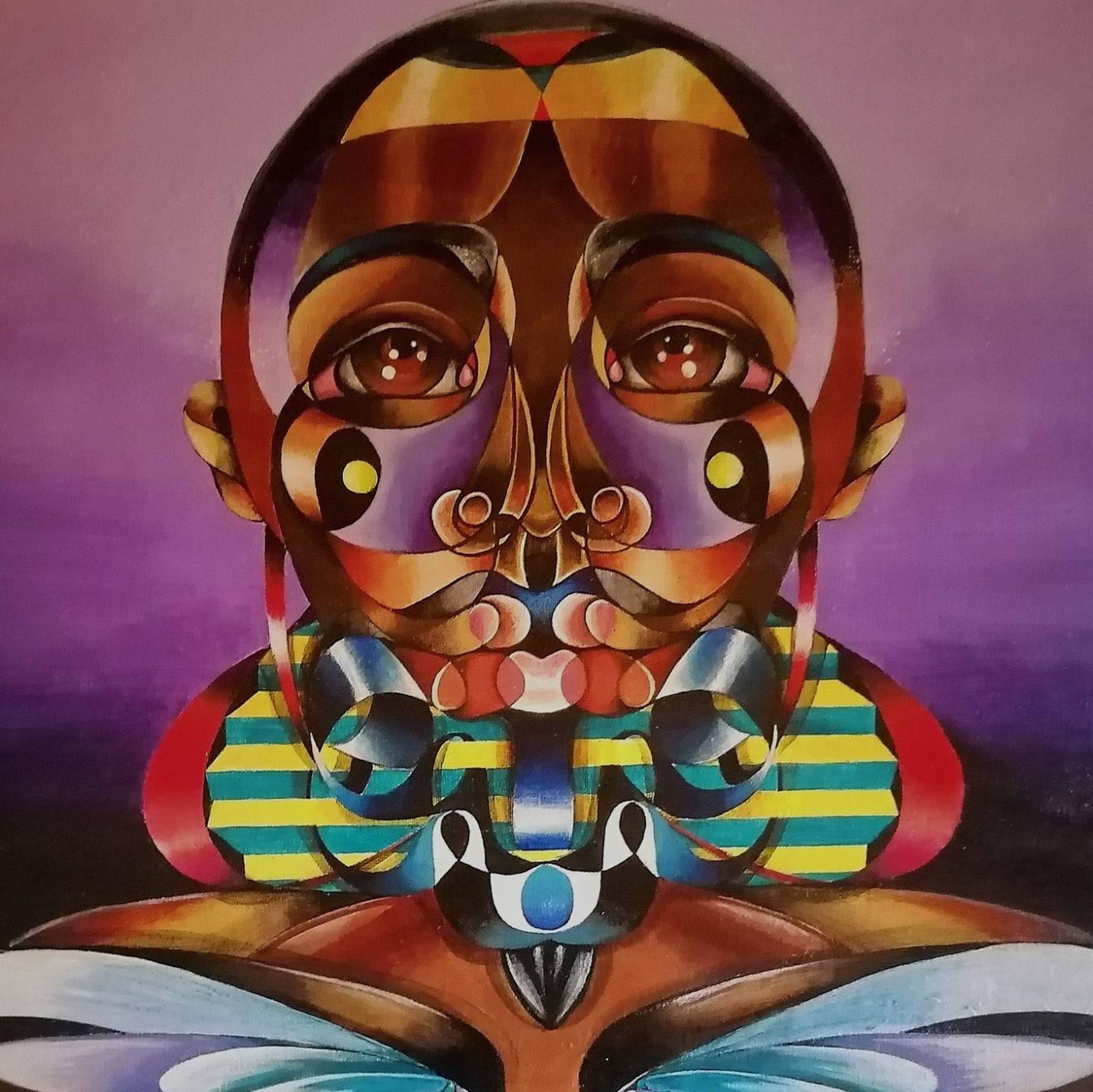 A colorful, surreal painting of a stylized face with geometric and organic shapes, and a butterfly motif at the base.