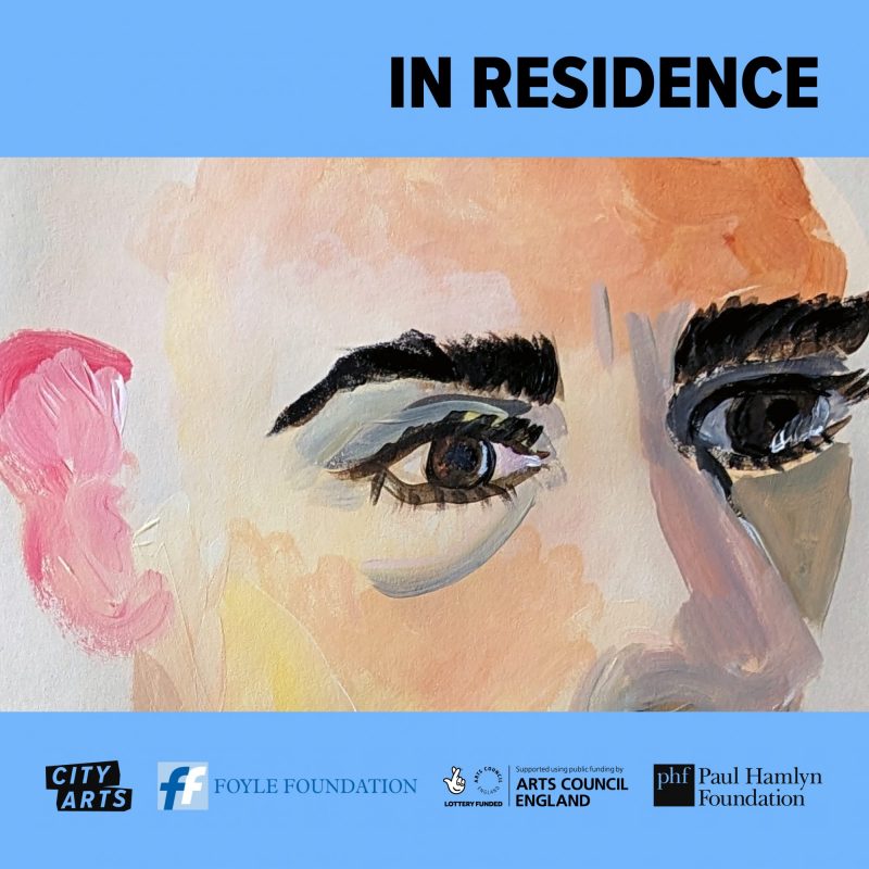 Art exhibition promotional graphic reading 'IN RESIDENCE' with a close-up of a painting showing detailed eyes, along with City Arts and sponsor logos at the bottom.