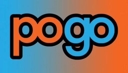 Logo for 'Pogo' with the word 'pogo' in lowercase letters. The letters 'po' are in orange with a black outline, and the letters 'go' are in blue with a black outline. The background is a gradient blend of blue on the left and orange on the right.