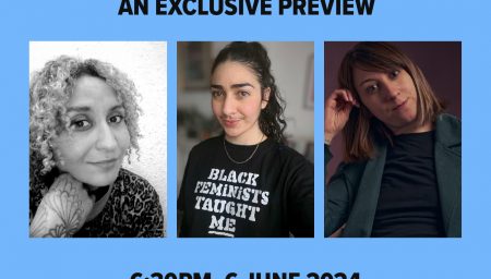Promotional graphic for an event titled 'RESIDENCE: AN EXCLUSIVE PREVIEW'. It features three portrait photos of the speakers against a blue background. From left to right: a woman with curly hair and a floral shirt, a person with dark hair in a ponytail wearing a t-shirt that reads 'BLACK FEMINISTS TAUGHT ME', and a woman with straight hair in a blazer. Event details below the portraits state '6:30PM, 6 JUNE 2024 at CITY ARTS, 11-13 HOCKLEY NOTTINGHAM NG1 1FH'.