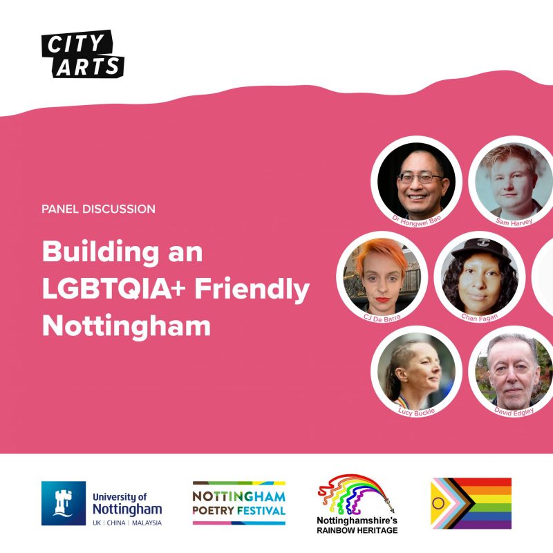 Promotional poster for a panel discussion titled 'Building an LGBTQIA+ Friendly Nottingham'. The top right of the poster features circular headshots of six panelists: Dr Hongwei Bao, Sam Harvey, CJ De Barra, Chan Fagan, Lucy Buckle, and David Edgley. The background is pink and white, with logos along the bottom for City Arts, University of Nottingham, Nottingham Poetry Festival, Nottinghamshire's Rainbow Heritage, and the Progress Pride flag.