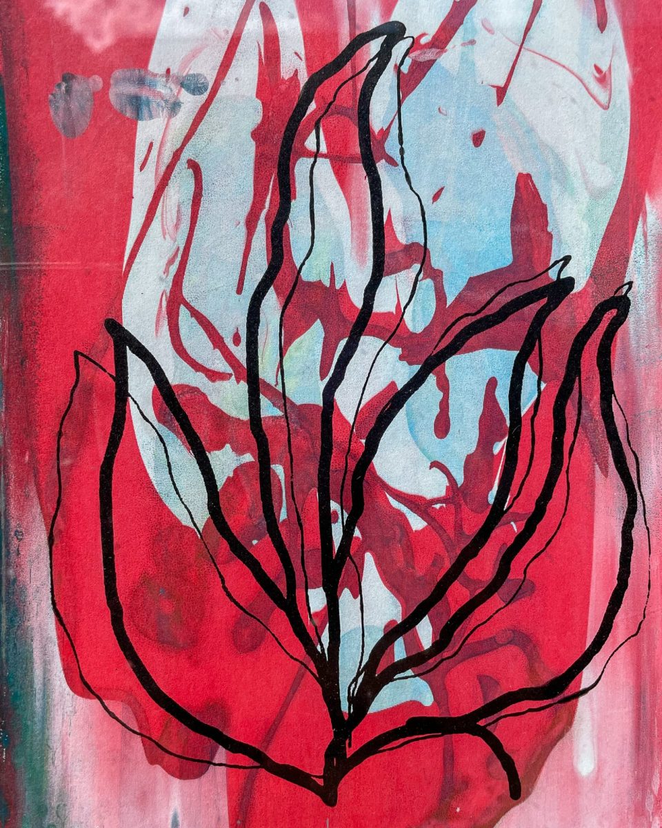 Abstract artwork with a black outline of a flower-like form. The background features expressive red, blue, and light gray brushstrokes.'