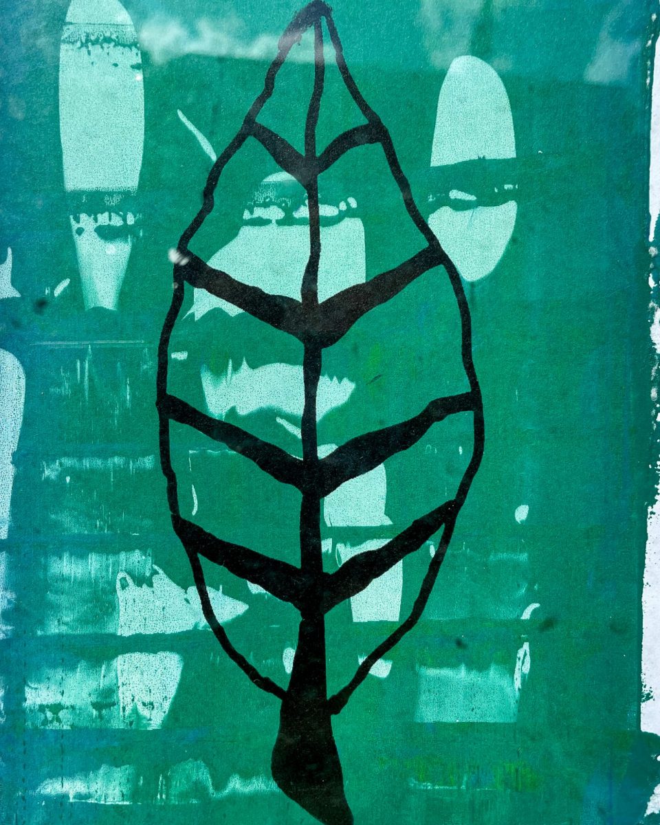 Graphic artwork of a black leaf outline over a textured green background with subtle lighter patterns and shapes.