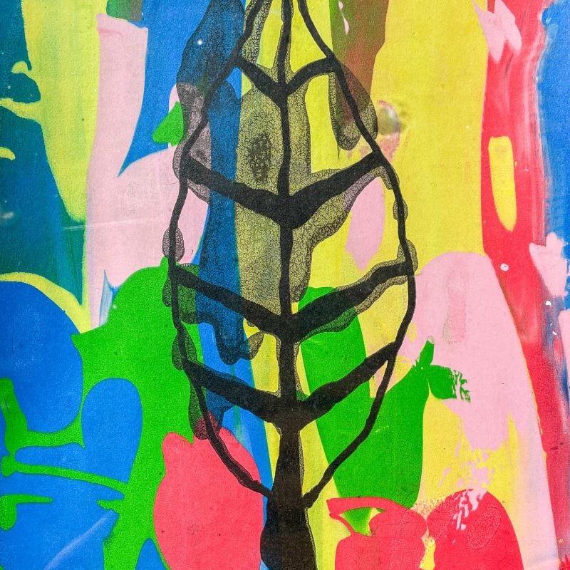 Abstract artwork with a bold black outline of a leaf-like tree in the center. The background is a mix of bright colors, including blue, yellow, red, green, and pink, blending together in a painterly style.