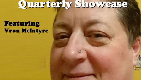 Promotional graphic for the DIY Poets Quarterly Showcase featuring poet Vron McIntyre. The image shows a close-up of Vron smiling against a yellow background. The DIY Poets and City Arts logos appear in the corners, with bold white and black text announcing the event.