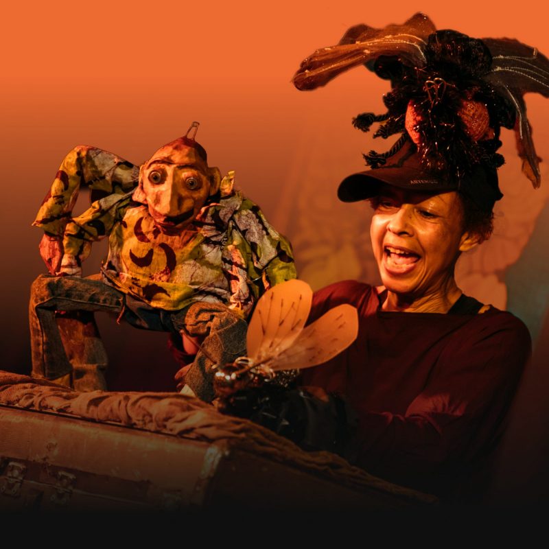 A performer animatedly operates a handmade puppet with large eyes and patterned clothing, leaning over a suitcase-style stage. Warm orange lighting fills the scene. The performer wears a decorative headpiece featuring an insect-like form, and holds a small winged prop in front of the puppet.